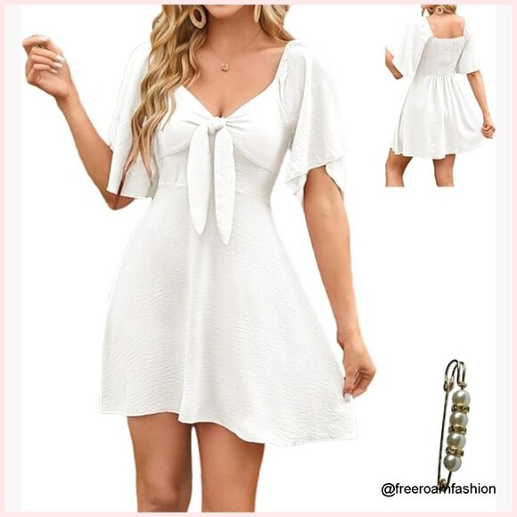 Dresses & Skirts - V-Neck Bow Tie Ruffle Mini Dress Casual Short Sleeve Sundress